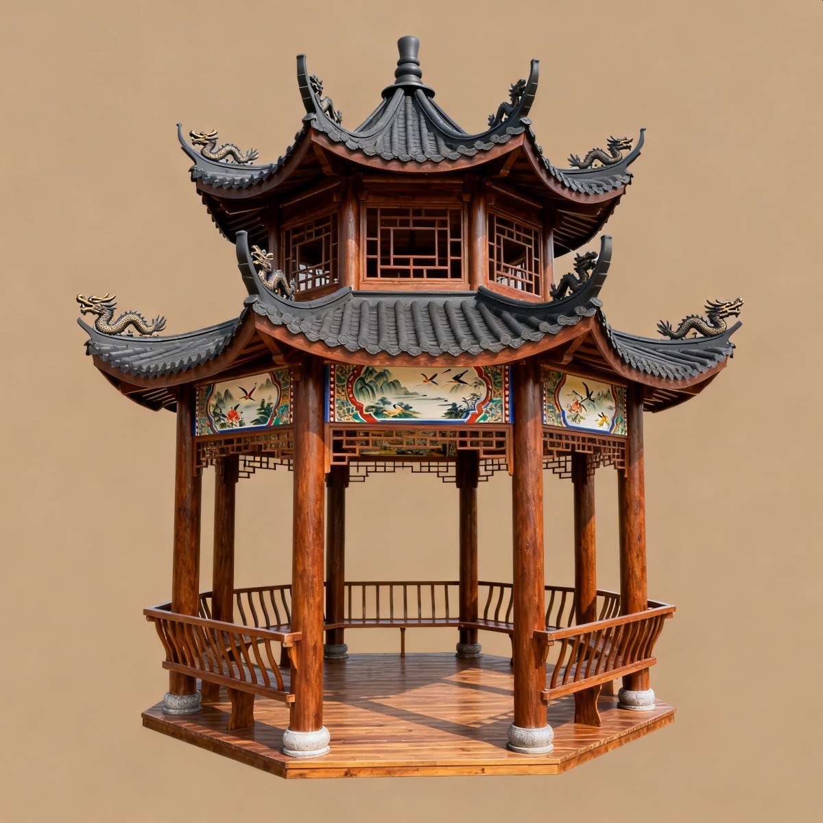 湖北仿古风格防腐木凉亭,实木凉亭,木亭